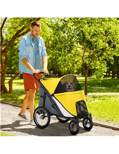 PawHut Foldable Pet Stroller, with Washable Cushion, Storage Bags, Safety Leash, for Medium, Large Dogs, Cats - Yellow 2