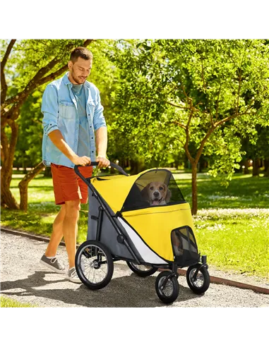 PawHut Foldable Pet Stroller, with Washable Cushion, Storage Bags, Safety Leash, for Medium, Large Dogs, Cats - Yellow