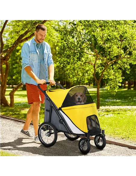 PawHut Foldable Pet Stroller, with Washable Cushion, Storage Bags, Safety Leash, for Medium, Large Dogs, Cats - Yellow