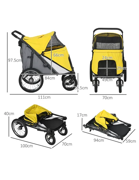 PawHut Foldable Pet Stroller, with Washable Cushion, Storage Bags, Safety Leash, for Medium, Large Dogs, Cats - Yellow