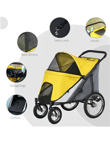 PawHut Foldable Pet Stroller, with Washable Cushion, Storage Bags, Safety Leash, for Medium, Large Dogs, Cats - Yellow