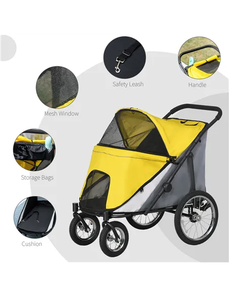 PawHut Foldable Pet Stroller, with Washable Cushion, Storage Bags, Safety Leash, for Medium, Large Dogs, Cats - Yellow