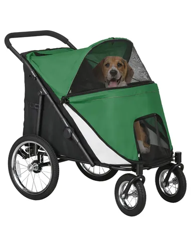 PawHut Foldable Pet Stroller, with Washable Cushion, Storage Bags, Safety Leash, for Medium, Large Dogs, Cats - Green