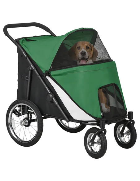 PawHut Foldable Pet Stroller, with Washable Cushion, Storage Bags, Safety Leash, for Medium, Large Dogs, Cats - Green