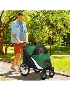 PawHut Foldable Pet Stroller, with Washable Cushion, Storage Bags, Safety Leash, for Medium, Large Dogs, Cats - Green 2