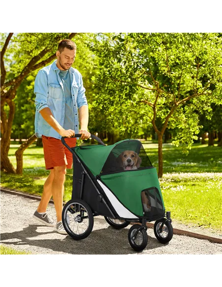 PawHut Foldable Pet Stroller, with Washable Cushion, Storage Bags, Safety Leash, for Medium, Large Dogs, Cats - Green
