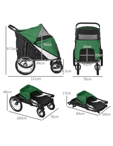 PawHut Foldable Pet Stroller, with Washable Cushion, Storage Bags, Safety Leash, for Medium, Large Dogs, Cats - Green