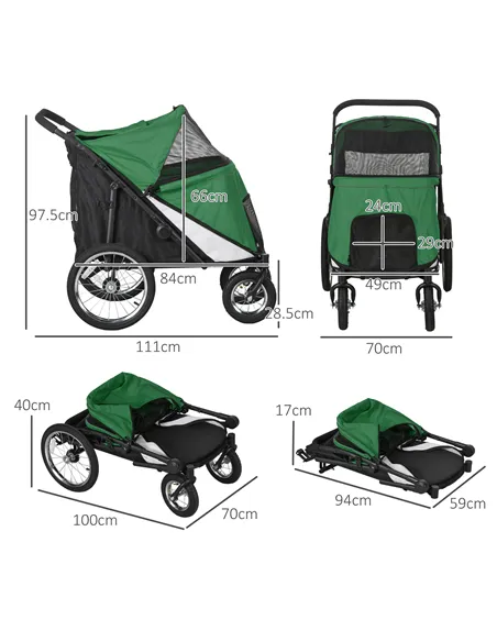PawHut Foldable Pet Stroller, with Washable Cushion, Storage Bags, Safety Leash, for Medium, Large Dogs, Cats - Green