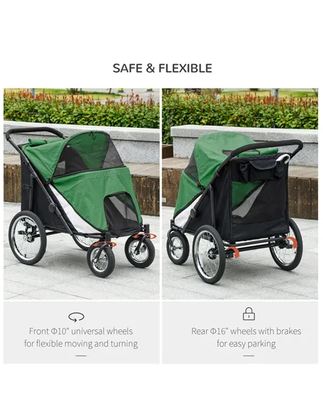 PawHut Foldable Pet Stroller, with Washable Cushion, Storage Bags, Safety Leash, for Medium, Large Dogs, Cats - Green