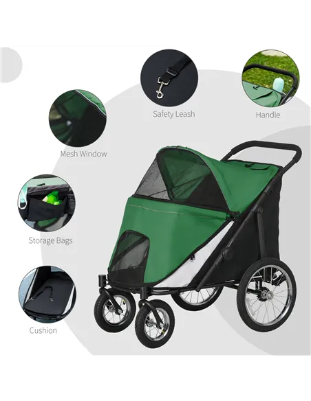 PawHut Foldable Pet Stroller, with Washable Cushion, Storage Bags, Safety Leash, for Medium, Large Dogs, Cats - Green