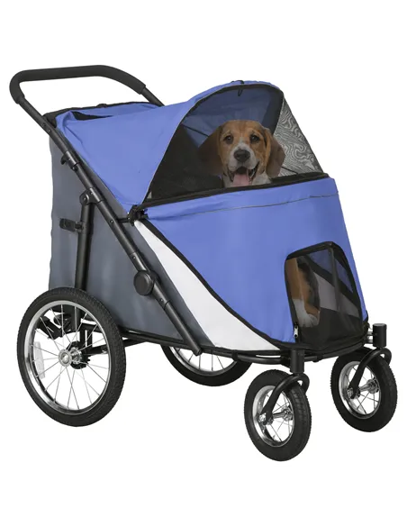 PawHut Foldable Pet Stroller, with Washable Cushion, Storage Bags, Safety Leash, for Medium, Large Dogs, Cats - Blue