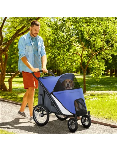 PawHut Foldable Pet Stroller, with Washable Cushion, Storage Bags, Safety Leash, for Medium, Large Dogs, Cats - Blue