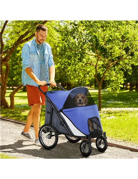 PawHut Foldable Pet Stroller, with Washable Cushion, Storage Bags, Safety Leash, for Medium, Large Dogs, Cats - Blue