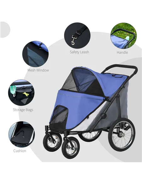 PawHut Foldable Pet Stroller, with Washable Cushion, Storage Bags, Safety Leash, for Medium, Large Dogs, Cats - Blue