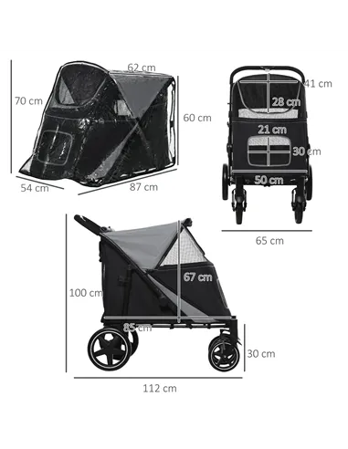 PawHut 4 Wheel Pet Stroller with Rain Cover for Medium and Large Dogs - Black