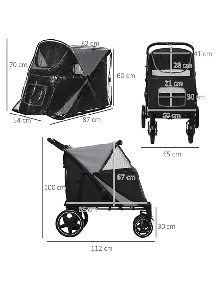 PawHut 4 Wheel Pet Stroller with Rain Cover for Medium and Large Dogs - Black