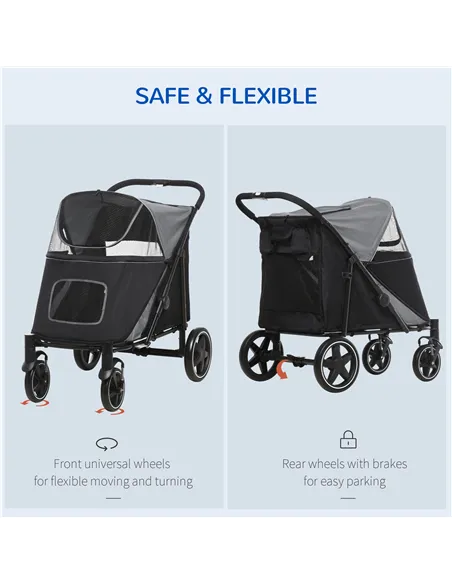 PawHut 4 Wheel Pet Stroller with Rain Cover for Medium and Large Dogs - Black