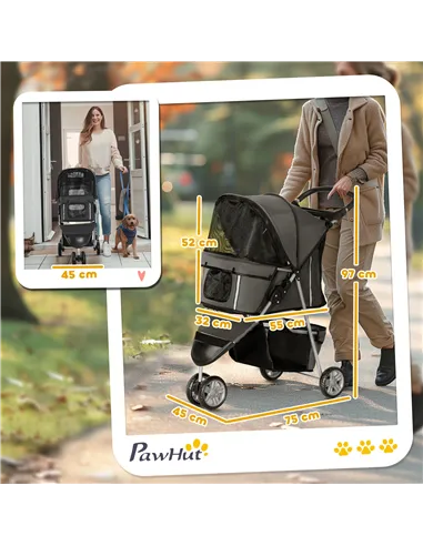 PawHut 3 Wheel Pet Stroller for Small and Miniature Dogs, Charcoal Grey