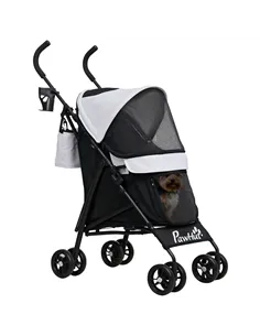PawHut Foldable Dog Stroller, Lightweight Dog Pram w/ Shoulder Strap, Storage Bag, Cup Holder, Light Grey