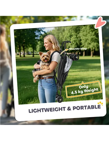 PawHut Foldable Dog Stroller, Lightweight Dog Pram w/ Shoulder Strap, Storage Bag, Cup Holder, Light Grey