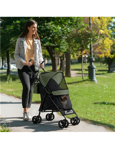 PawHut Foldable Dog Stroller, Lightweight Dog Pram w/ Shoulder Strap, Storage Bag, Cup Holder, Dark Green