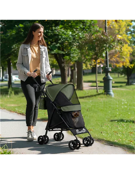 PawHut Foldable Dog Stroller, Lightweight Dog Pram w/ Shoulder Strap, Storage Bag, Cup Holder, Dark Green