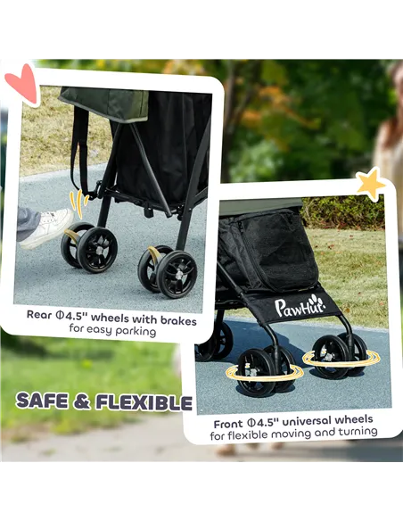 PawHut Foldable Dog Stroller, Lightweight Dog Pram w/ Shoulder Strap, Storage Bag, Cup Holder, Dark Green