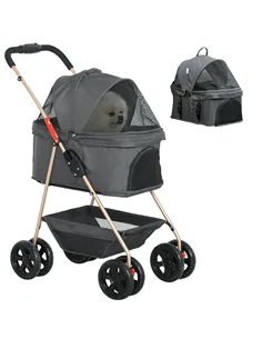 PawHut PawH 3-in-1 Pet Stroller, Folding Four-Wheel Dog Pram with Detachable Carrier for Mini Dogs, Cats, Grey