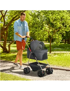PawHut PawH 3-in-1 Pet Stroller, Folding Four-Wheel Dog Pram with Detachable Carrier for Mini Dogs, Cats, Grey 2
