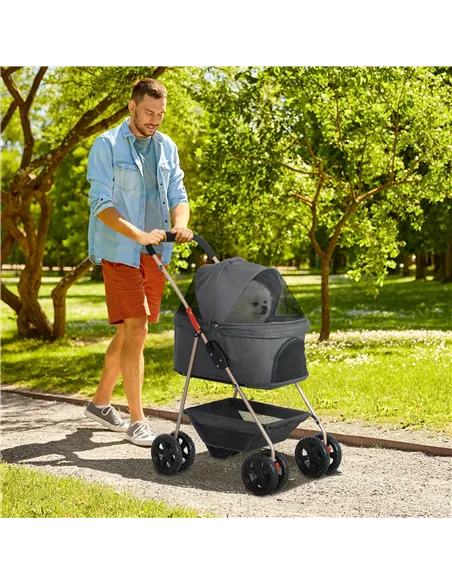 PawHut PawH 3-in-1 Pet Stroller, Folding Four-Wheel Dog Pram with Detachable Carrier for Mini Dogs, Cats, Grey