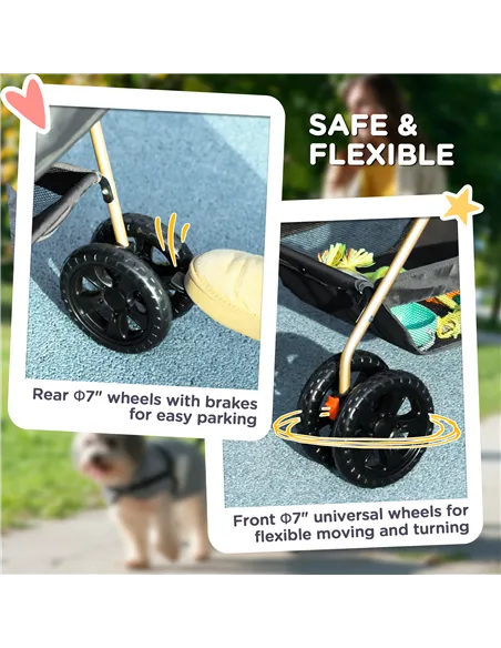 PawHut PawH 3-in-1 Pet Stroller, Folding Four-Wheel Dog Pram with Detachable Carrier for Mini Dogs, Cats, Grey
