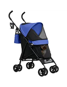 PawHut Foldable Dog Stroller, Lightweight Dog Pram w/ Shoulder Strap, Storage Bag, Cup Holder, Dark Blue
