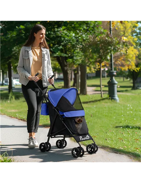 PawHut Foldable Dog Stroller, Lightweight Dog Pram w/ Shoulder Strap, Storage Bag, Cup Holder, Dark Blue