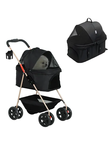 PawHut PawH 3-in-1 Pet Stroller, Folding 4 Wheel Dog Pram with Detachable Carrier for Mini Dogs, Cats, Black