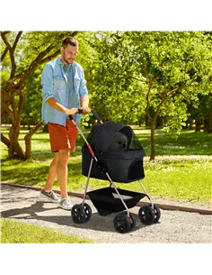 PawHut PawH 3-in-1 Pet Stroller, Folding 4 Wheel Dog Pram with Detachable Carrier for Mini Dogs, Cats, Black 2
