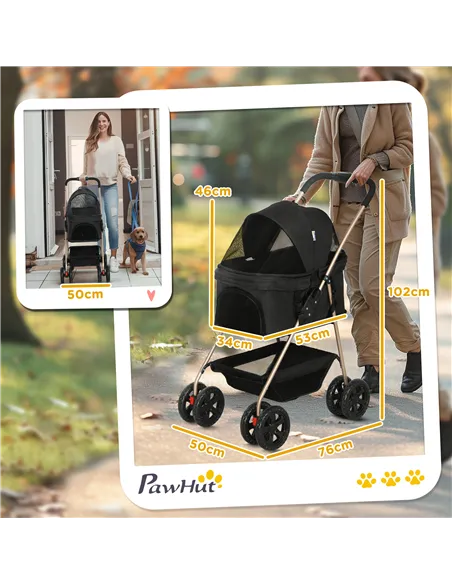 PawHut PawH 3-in-1 Pet Stroller, Folding 4 Wheel Dog Pram with Detachable Carrier for Mini Dogs, Cats, Black