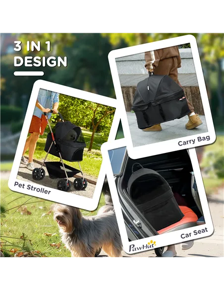 PawHut PawH 3-in-1 Pet Stroller, Folding 4 Wheel Dog Pram with Detachable Carrier for Mini Dogs, Cats, Black