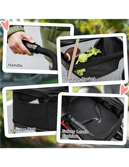 PawHut PawH 3-in-1 Pet Stroller, Folding 4 Wheel Dog Pram with Detachable Carrier for Mini Dogs, Cats, Black