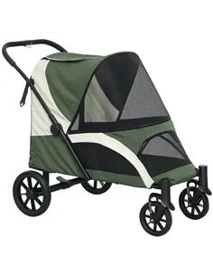 PawHut Foldable Pet Stroller for Large Dogs with Four Big Wheels, Shock-Absorbing Frame, Safety Leashes, Brakes, Dark Green