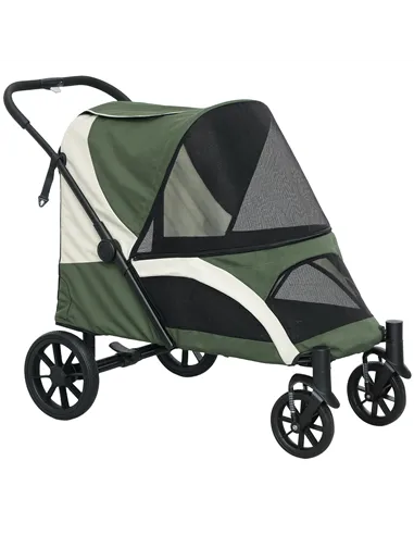 PawHut Foldable Pet Stroller for Large Dogs with Four Big Wheels, Shock-Absorbing Frame, Safety Leashes, Brakes, Dark Green