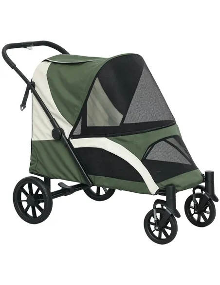 PawHut Foldable Pet Stroller for Large Dogs with Four Big Wheels, Shock-Absorbing Frame, Safety Leashes, Brakes, Dark Green