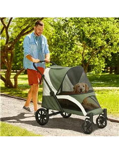 PawHut Foldable Pet Stroller for Large Dogs with Four Big Wheels, Shock-Absorbing Frame, Safety Leashes, Brakes, Dark Green 2