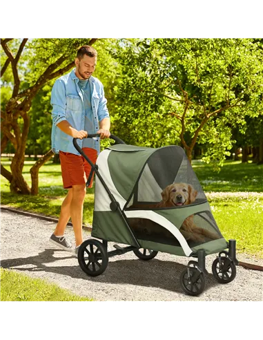 PawHut Foldable Pet Stroller for Large Dogs with Four Big Wheels, Shock-Absorbing Frame, Safety Leashes, Brakes, Dark Green