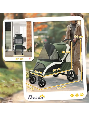 PawHut Foldable Pet Stroller for Large Dogs with Four Big Wheels, Shock-Absorbing Frame, Safety Leashes, Brakes, Dark Green