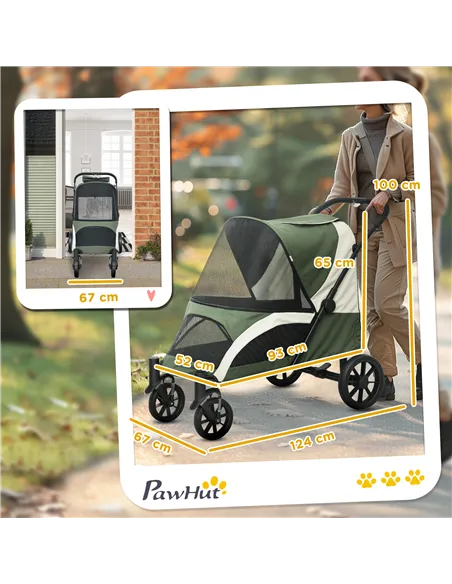 PawHut Foldable Pet Stroller for Large Dogs with Four Big Wheels, Shock-Absorbing Frame, Safety Leashes, Brakes, Dark Green