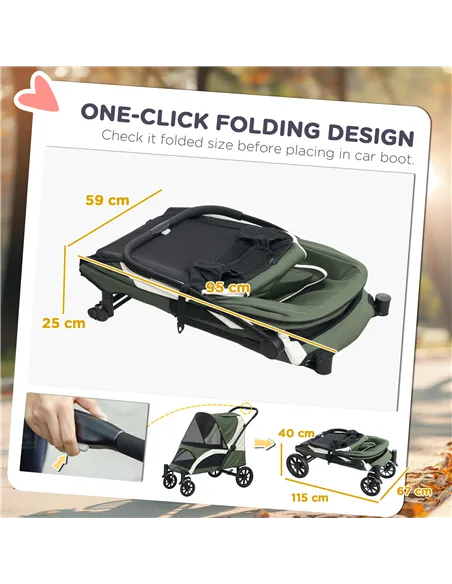 PawHut Foldable Pet Stroller for Large Dogs with Four Big Wheels, Shock-Absorbing Frame, Safety Leashes, Brakes, Dark Green