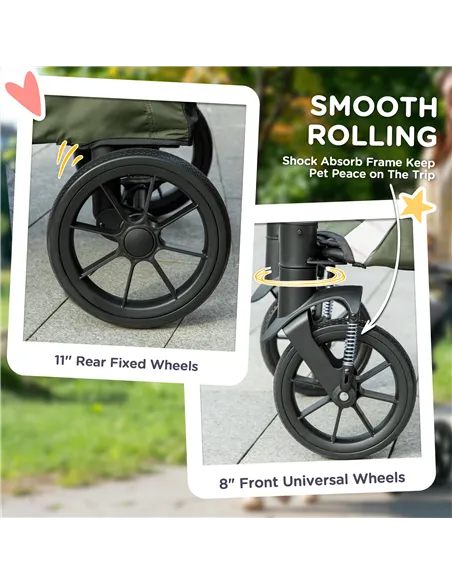 PawHut Foldable Pet Stroller for Large Dogs with Four Big Wheels, Shock-Absorbing Frame, Safety Leashes, Brakes, Dark Green