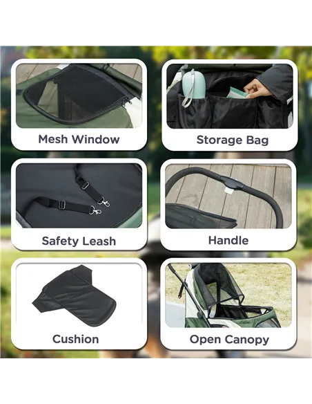 PawHut Foldable Pet Stroller for Large Dogs with Four Big Wheels, Shock-Absorbing Frame, Safety Leashes, Brakes, Dark Green