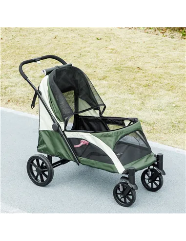 PawHut Foldable Pet Stroller for Large Dogs with Four Big Wheels, Shock-Absorbing Frame, Safety Leashes, Brakes, Dark Green