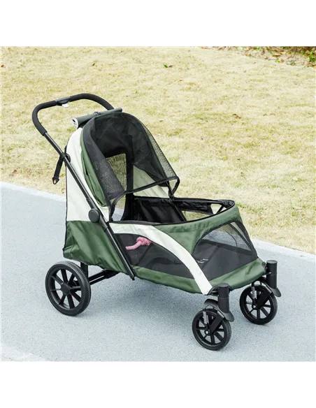 PawHut Foldable Pet Stroller for Large Dogs with Four Big Wheels, Shock-Absorbing Frame, Safety Leashes, Brakes, Dark Green